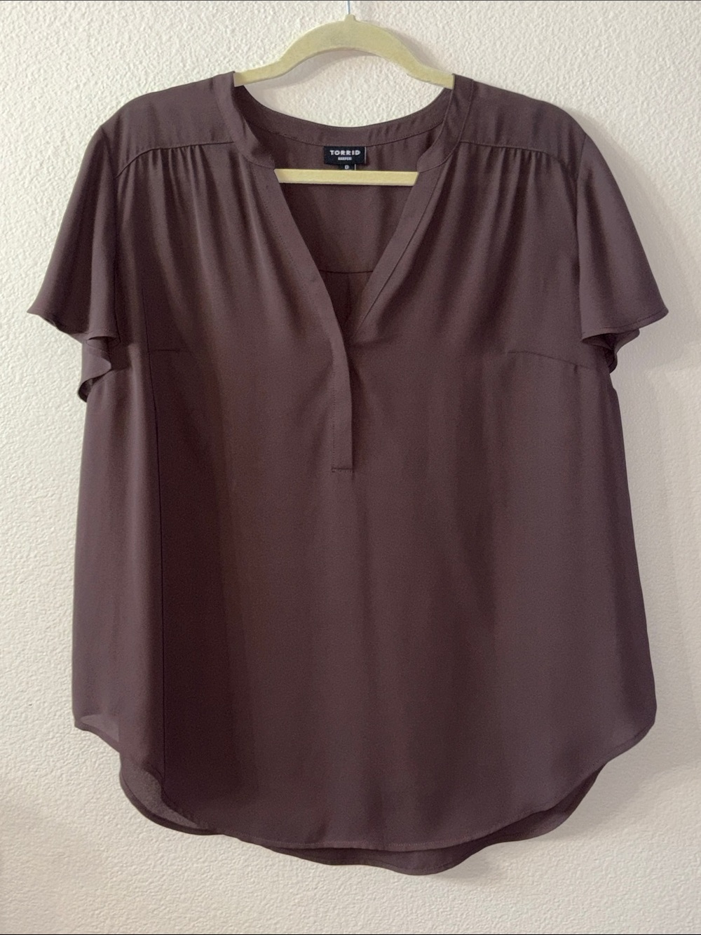 torrid brown Harper short Flutter Sleeve Split-Neck Blouse